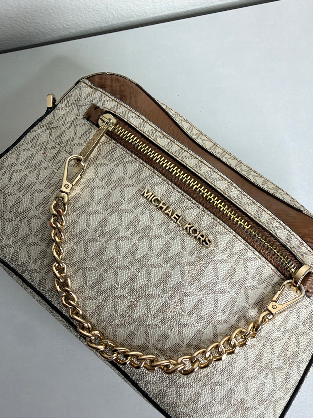 Michael Kors Beige Logo Chain-Handle Shoulder Bag Flawed